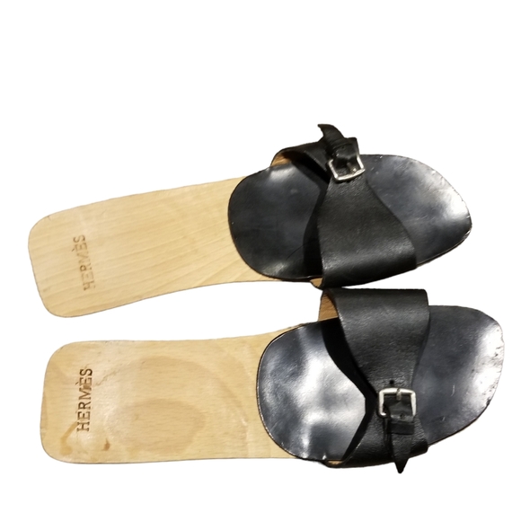 Hermès Clog Sandals Natural Wood and Black Leather Size 41 Y2K - Picture 1 of 9